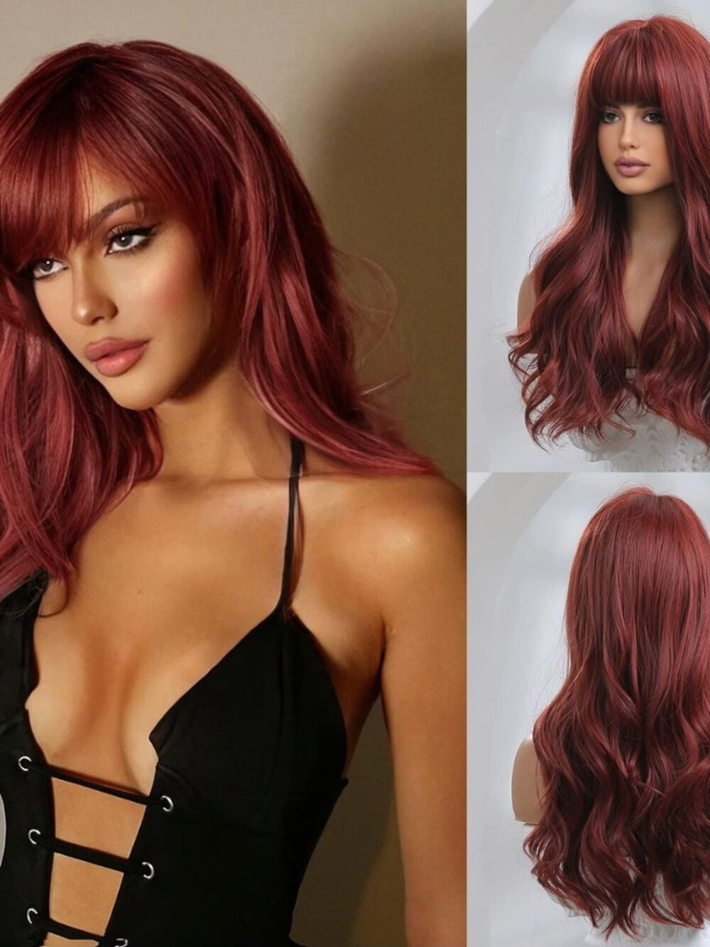 Dark Red Wig with Bangs - Burgundy Wigs for Women, Wine Red Long Wavy Layered